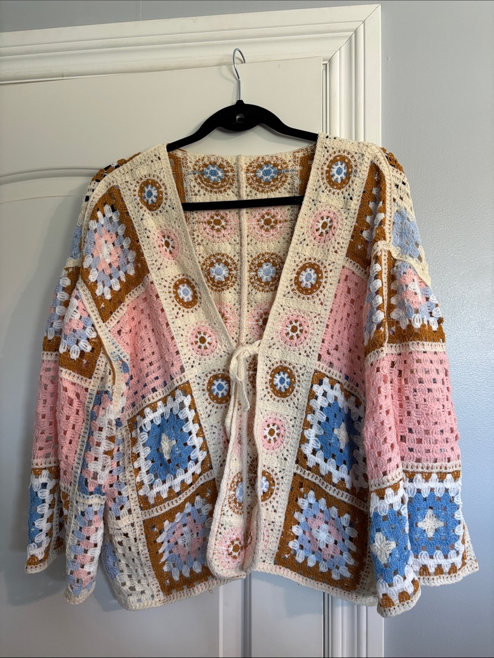 Crochet Patchwork Cardigan Sweater - Pink, Blue & Cream